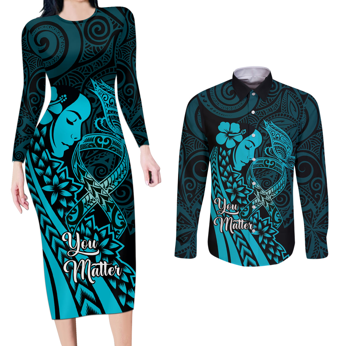 Polynesia World Ovarian Cancer Day Couples Matching Long Sleeve Bodycon Dress and Long Sleeve Button Shirt You Matter Polynesian Women LT14 Teal - Polynesian Pride