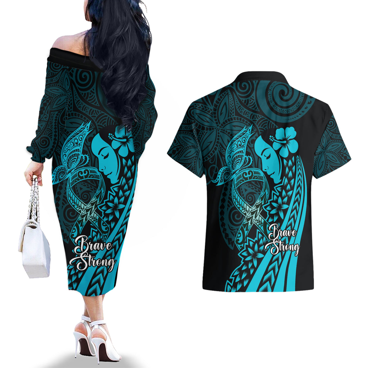 Polynesia World Ovarian Cancer Day Couples Matching Off The Shoulder Long Sleeve Dress and Hawaiian Shirt You Matter Polynesian Women LT14 - Polynesian Pride
