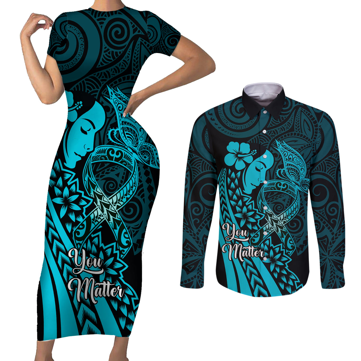 Polynesia World Ovarian Cancer Day Couples Matching Short Sleeve Bodycon Dress and Long Sleeve Button Shirt You Matter Polynesian Women LT14 Teal - Polynesian Pride
