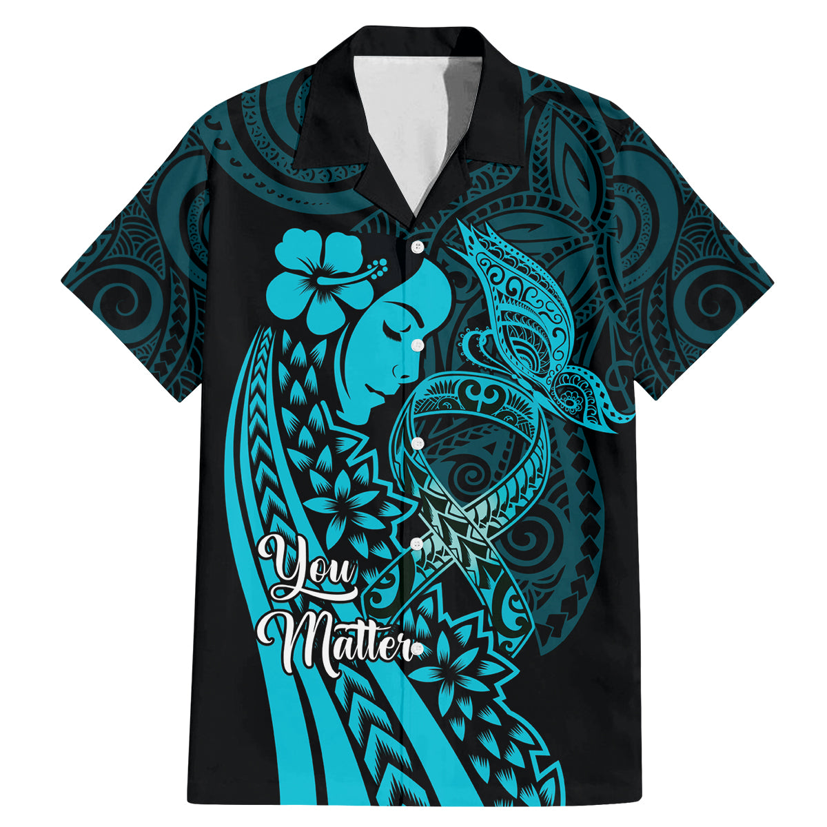 Polynesia World Ovarian Cancer Day Family Matching Mermaid Dress and Hawaiian Shirt You Matter Polynesian Women LT14 Dad's Shirt - Short Sleeve Teal - Polynesian Pride