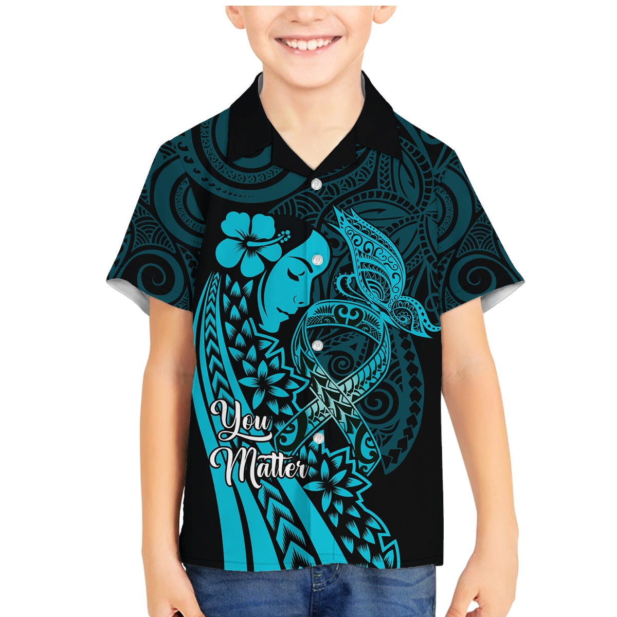 Polynesia World Ovarian Cancer Day Family Matching Mermaid Dress and Hawaiian Shirt You Matter Polynesian Women LT14 Son's Shirt Teal - Polynesian Pride
