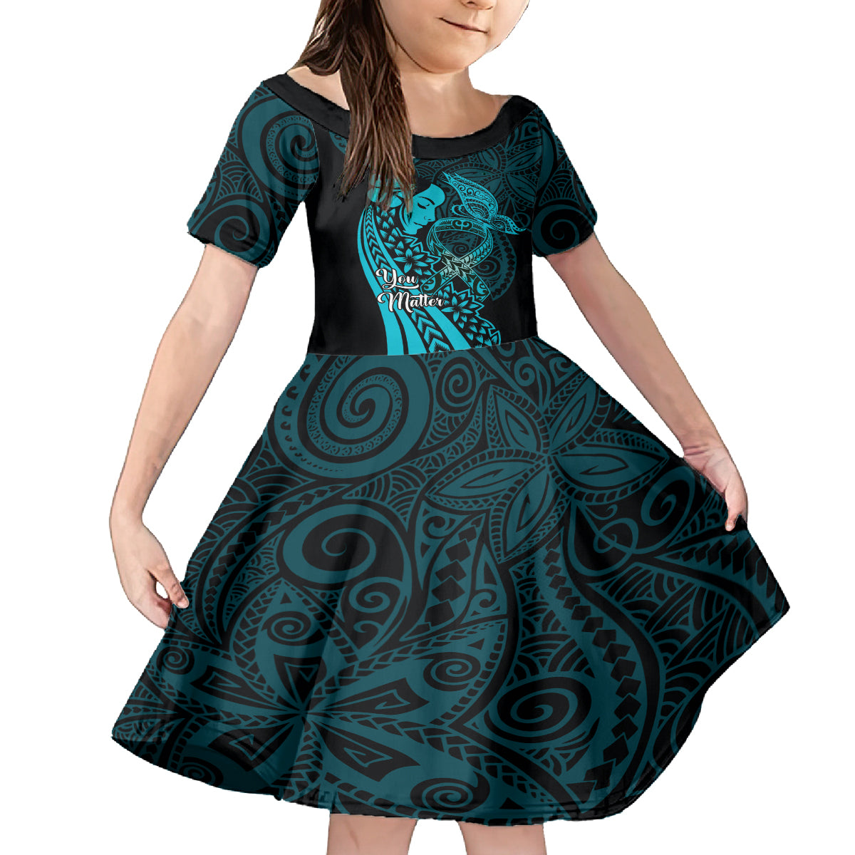 Polynesia World Ovarian Cancer Day Family Matching Off The Shoulder Long Sleeve Dress and Hawaiian Shirt You Matter Polynesian Women LT14 Daughter's Dress Teal - Polynesian Pride