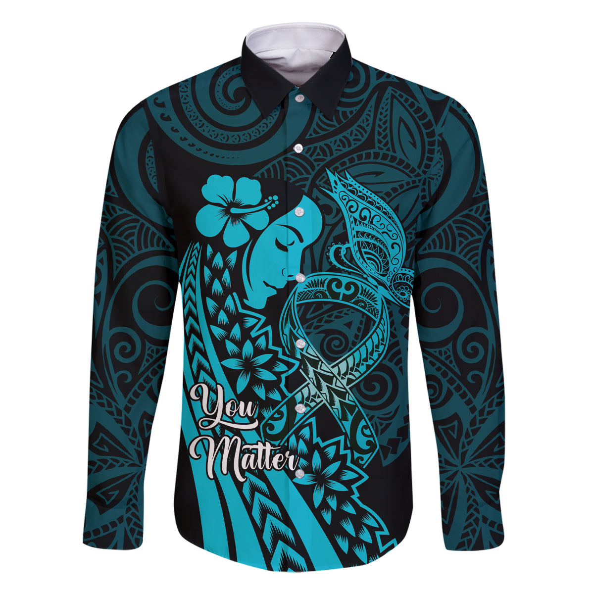 Polynesia World Ovarian Cancer Day Family Matching Off Shoulder Maxi Dress and Hawaiian Shirt You Matter Polynesian Women LT14 Dad's Shirt - Long Sleeve Teal - Polynesian Pride