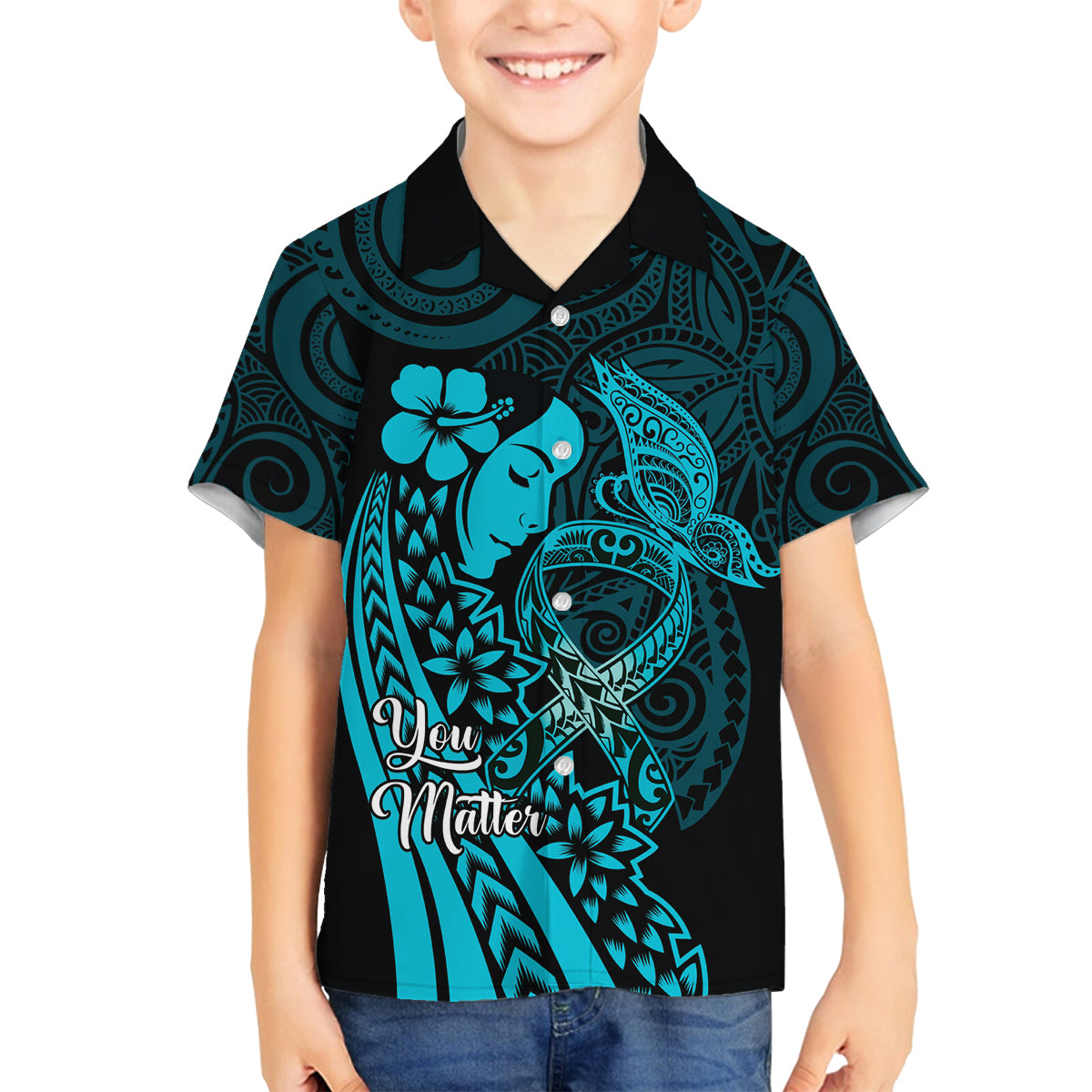 Polynesia World Ovarian Cancer Day Family Matching Off Shoulder Short Dress and Hawaiian Shirt You Matter Polynesian Women LT14 Son's Shirt Teal - Polynesian Pride