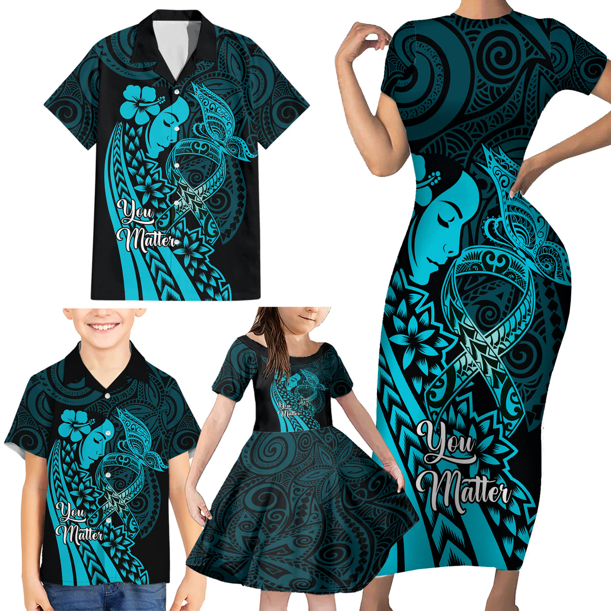 Polynesia World Ovarian Cancer Day Family Matching Short Sleeve Bodycon Dress and Hawaiian Shirt You Matter Polynesian Women LT14 - Polynesian Pride