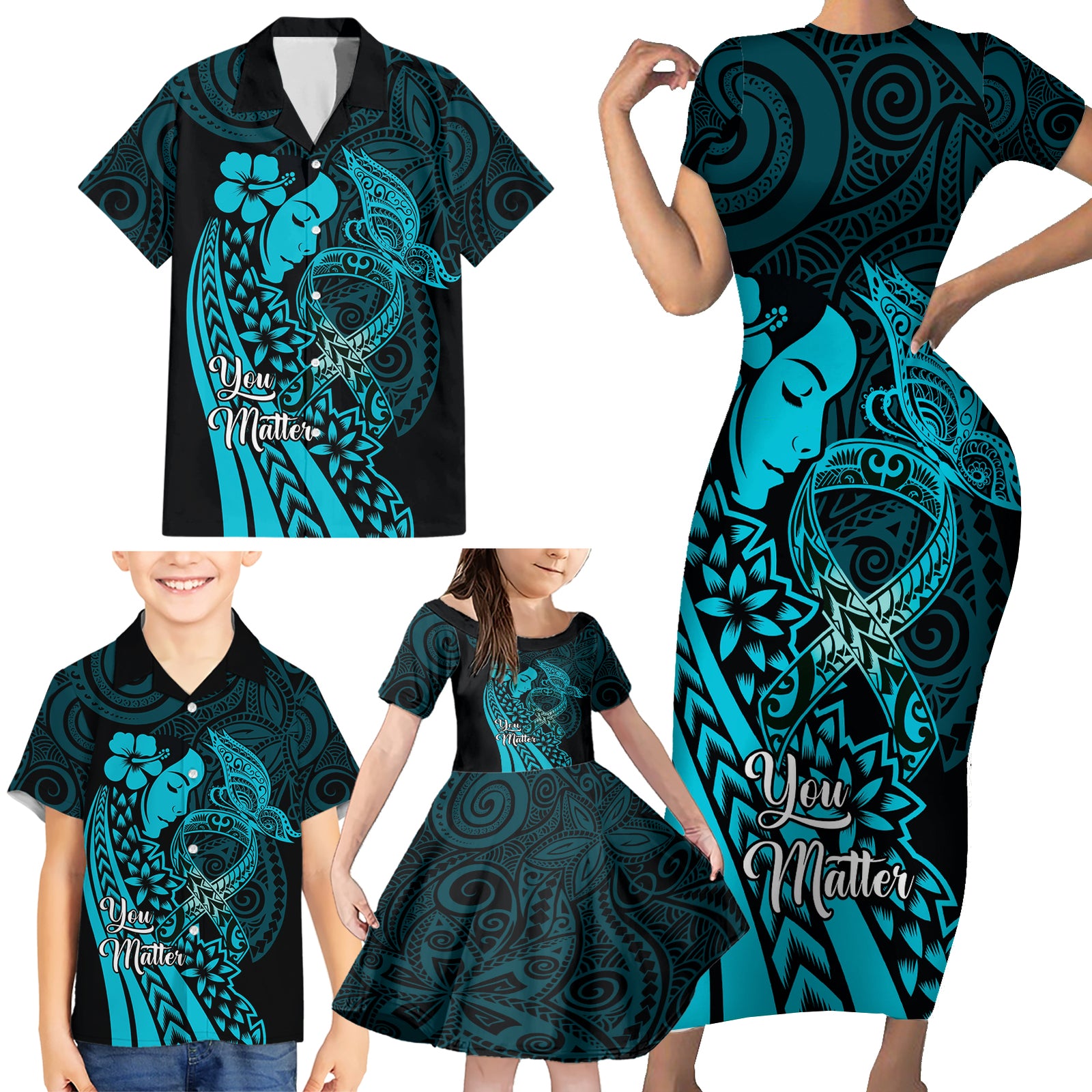 Polynesia World Ovarian Cancer Day Family Matching Short Sleeve Bodycon Dress and Hawaiian Shirt You Matter Polynesian Women LT14 - Polynesian Pride