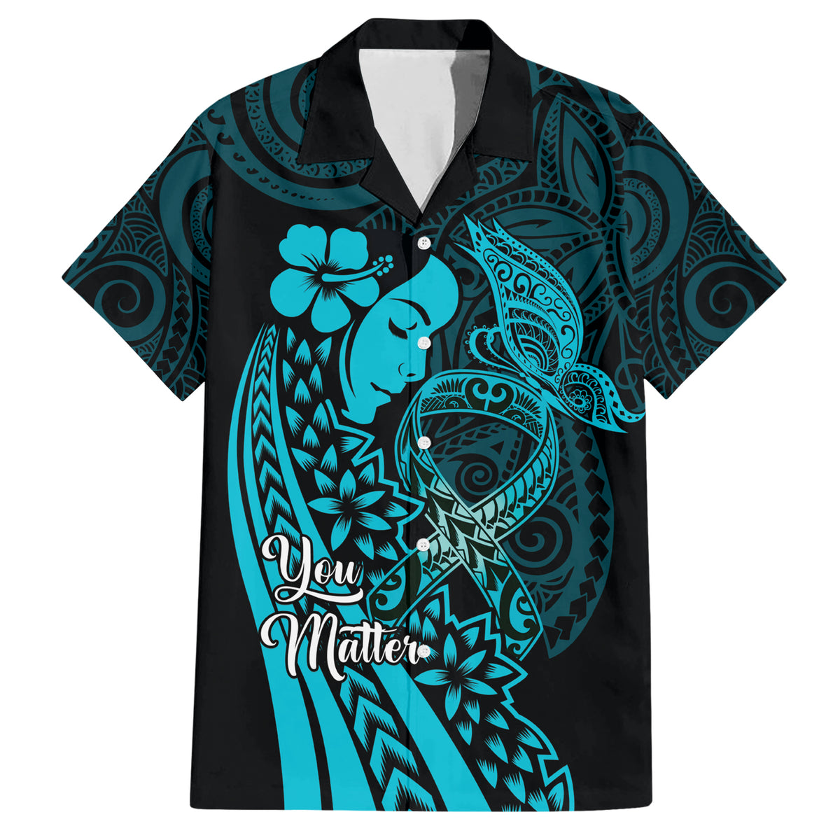Polynesia World Ovarian Cancer Day Family Matching Short Sleeve Bodycon Dress and Hawaiian Shirt You Matter Polynesian Women LT14 Dad's Shirt - Short Sleeve Teal - Polynesian Pride