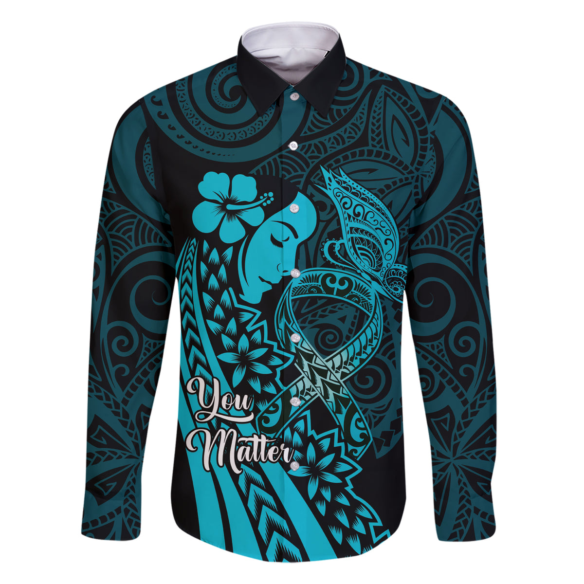 Polynesia World Ovarian Cancer Day Family Matching Short Sleeve Bodycon Dress and Hawaiian Shirt You Matter Polynesian Women LT14 Dad's Shirt - Long Sleeve Teal - Polynesian Pride