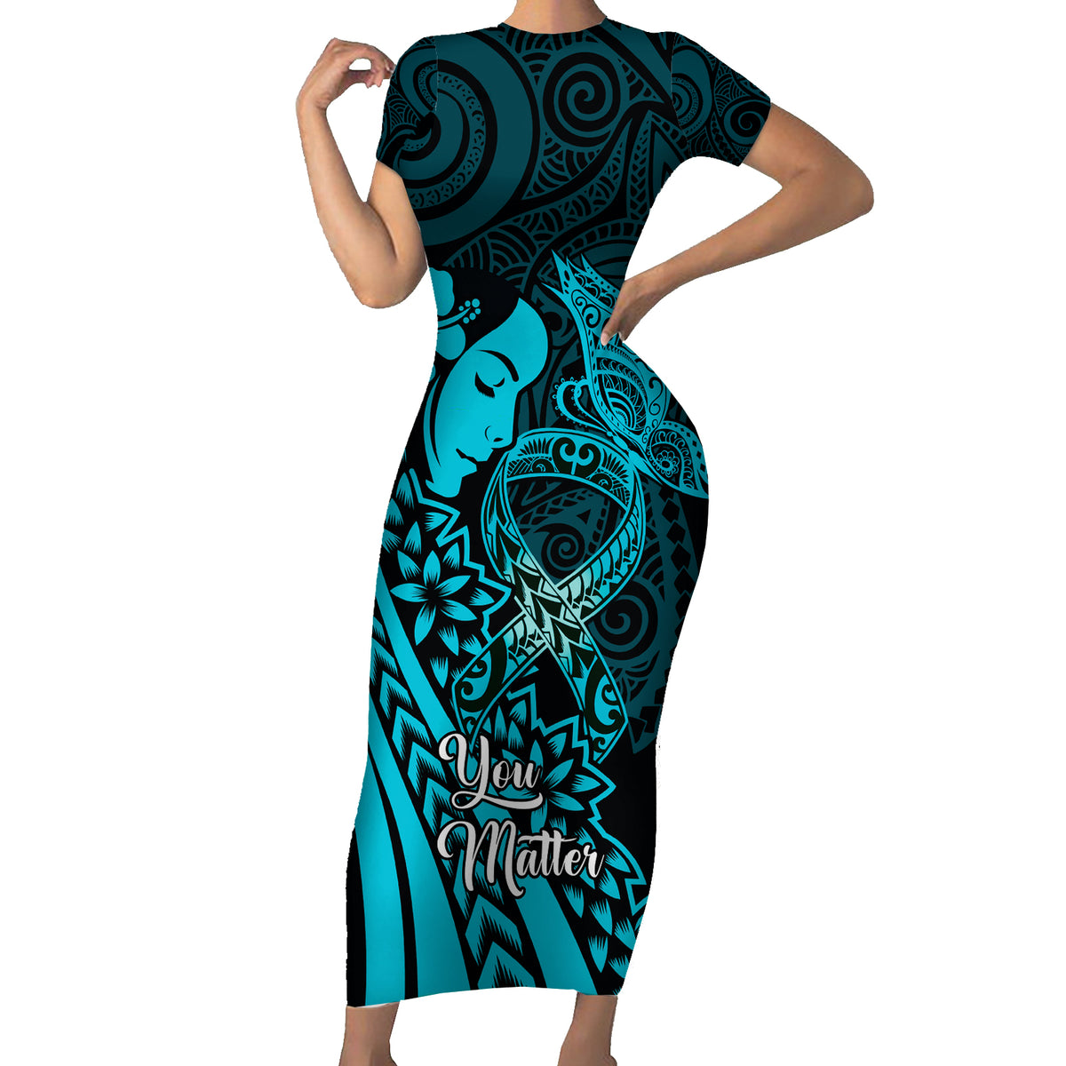 Polynesia World Ovarian Cancer Day Family Matching Short Sleeve Bodycon Dress and Hawaiian Shirt You Matter Polynesian Women LT14 Mom's Dress Teal - Polynesian Pride