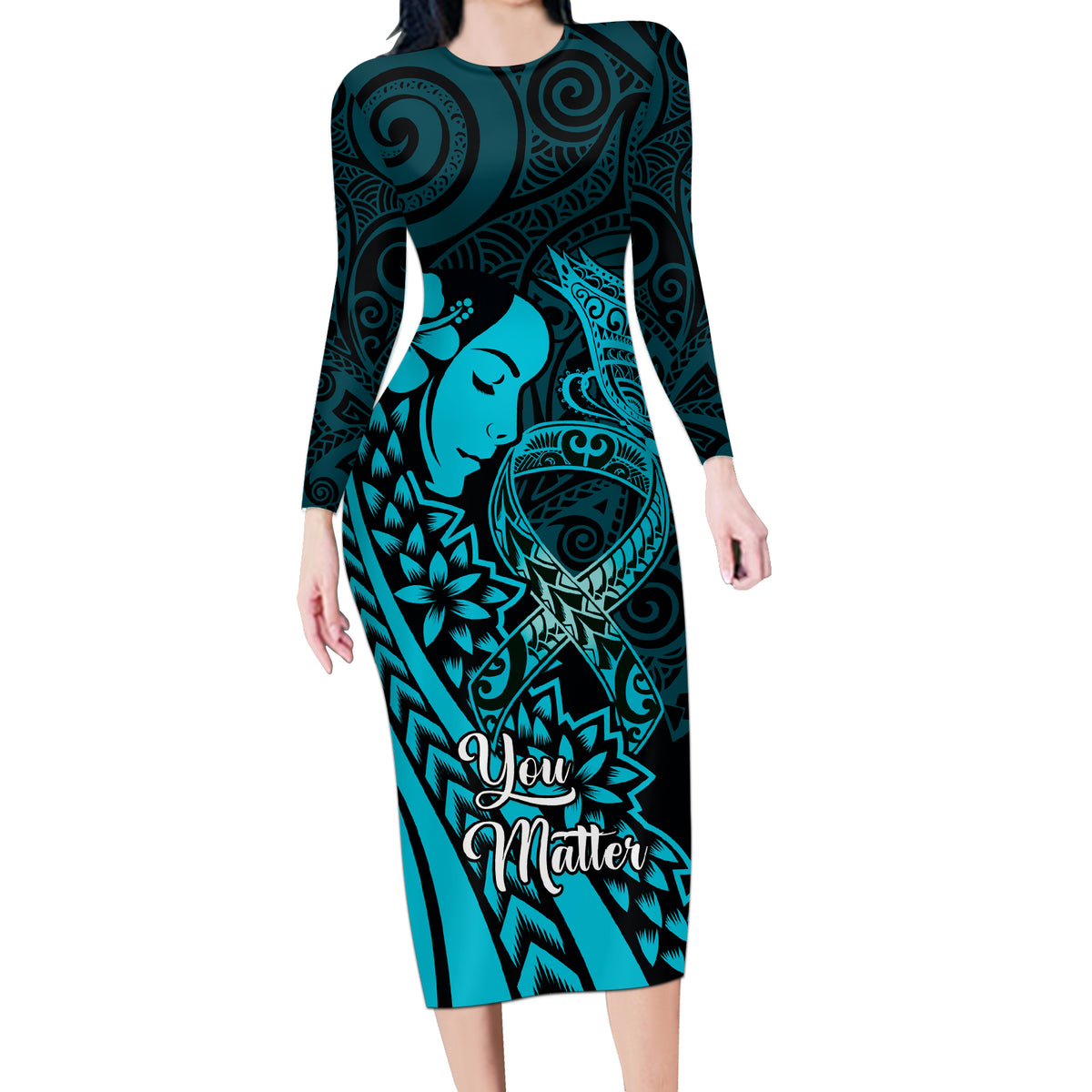 Polynesia World Ovarian Cancer Day Long Sleeve Bodycon Dress You Matter Polynesian Women LT14 Long Dress Teal - Polynesian Pride