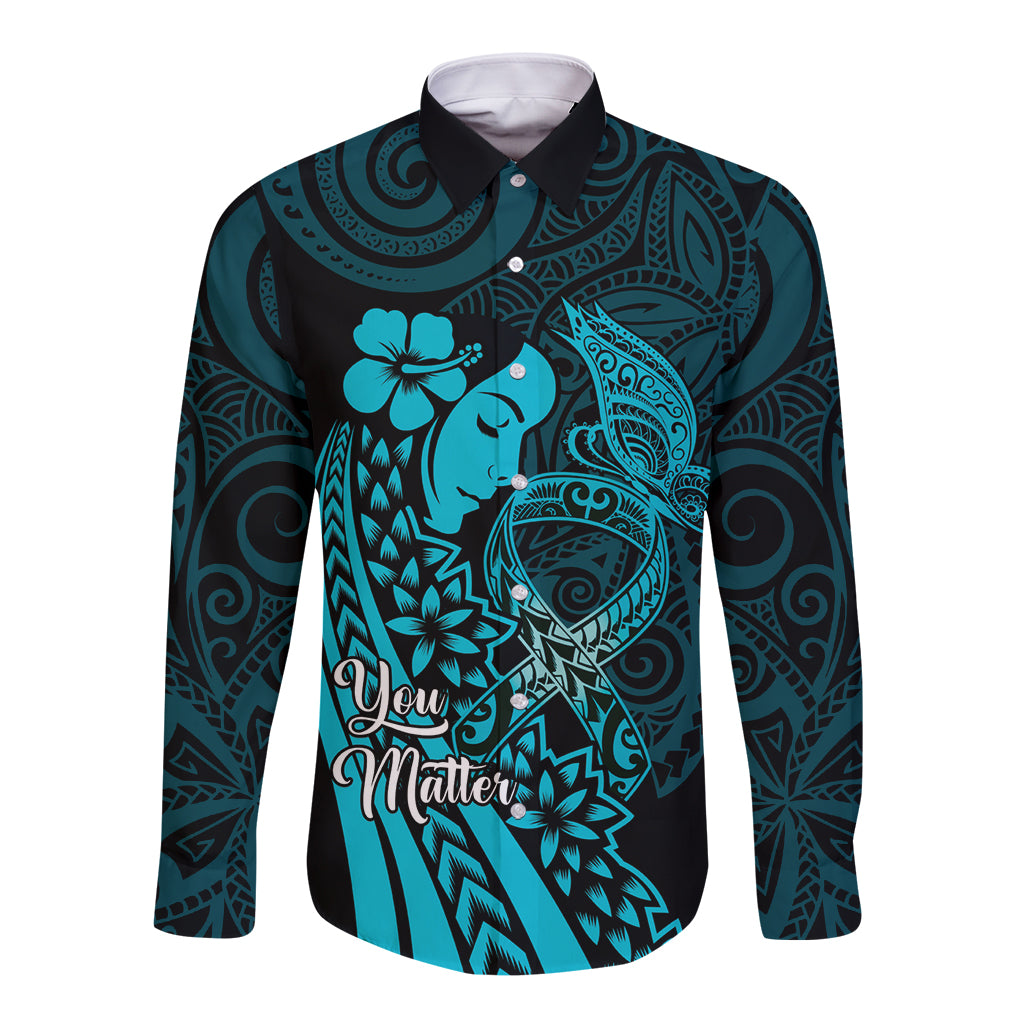 Polynesia World Ovarian Cancer Day Long Sleeve Button Shirt You Matter Polynesian Women LT14 Unisex Teal - Polynesian Pride
