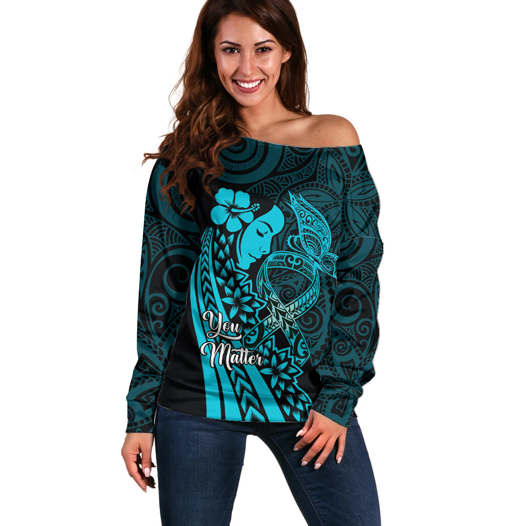 Polynesia World Ovarian Cancer Day Off Shoulder Sweater You Matter Polynesian Women LT14 Women Teal - Polynesian Pride