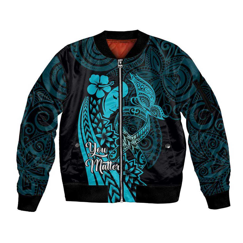 Polynesia World Ovarian Cancer Day Sleeve Zip Bomber Jacket You Matter Polynesian Women LT14 Unisex Teal - Polynesian Pride
