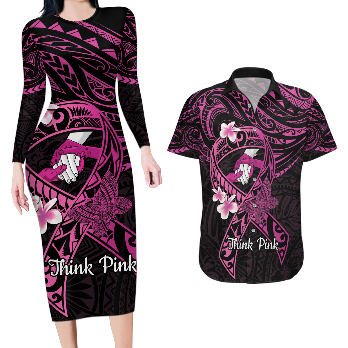 Polynesia Breast Cancer Awareness Couples Matching Long Sleeve Bodycon Dress and Hawaiian Shirt Pink Ribbon No One Fights Alone - Black LT14 Black - Polynesian Pride