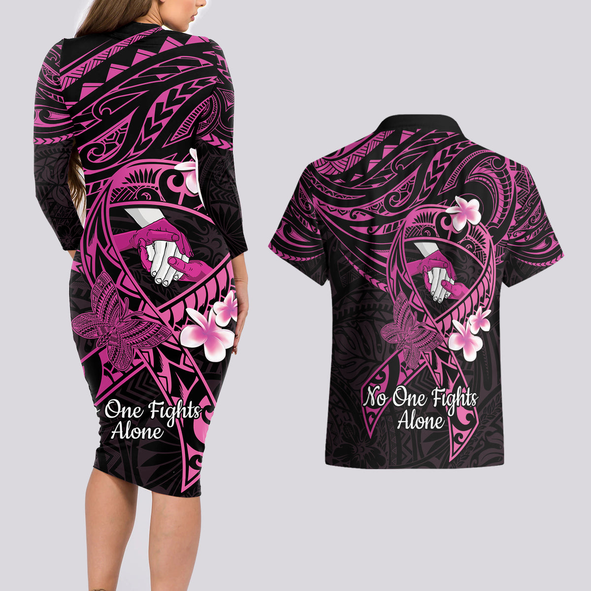 Polynesia Breast Cancer Awareness Couples Matching Long Sleeve Bodycon Dress and Hawaiian Shirt Pink Ribbon No One Fights Alone - Black LT14 - Polynesian Pride