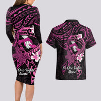 Polynesia Breast Cancer Awareness Couples Matching Long Sleeve Bodycon Dress and Hawaiian Shirt Pink Ribbon No One Fights Alone - Black LT14 - Polynesian Pride