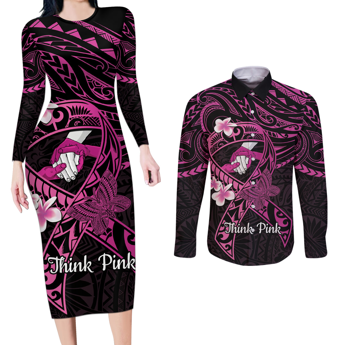 Polynesia Breast Cancer Awareness Couples Matching Long Sleeve Bodycon Dress and Long Sleeve Button Shirt Pink Ribbon No One Fights Alone - Black LT14 Black - Polynesian Pride