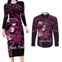 Polynesia Breast Cancer Awareness Couples Matching Long Sleeve Bodycon Dress and Long Sleeve Button Shirt Pink Ribbon No One Fights Alone - Black LT14 Black - Polynesian Pride