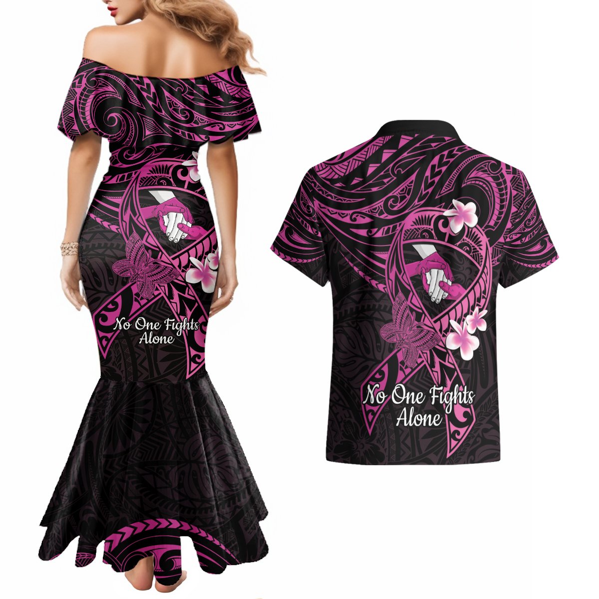 Polynesia Breast Cancer Awareness Couples Matching Mermaid Dress and Hawaiian Shirt Pink Ribbon No One Fights Alone - Black LT14 - Polynesian Pride