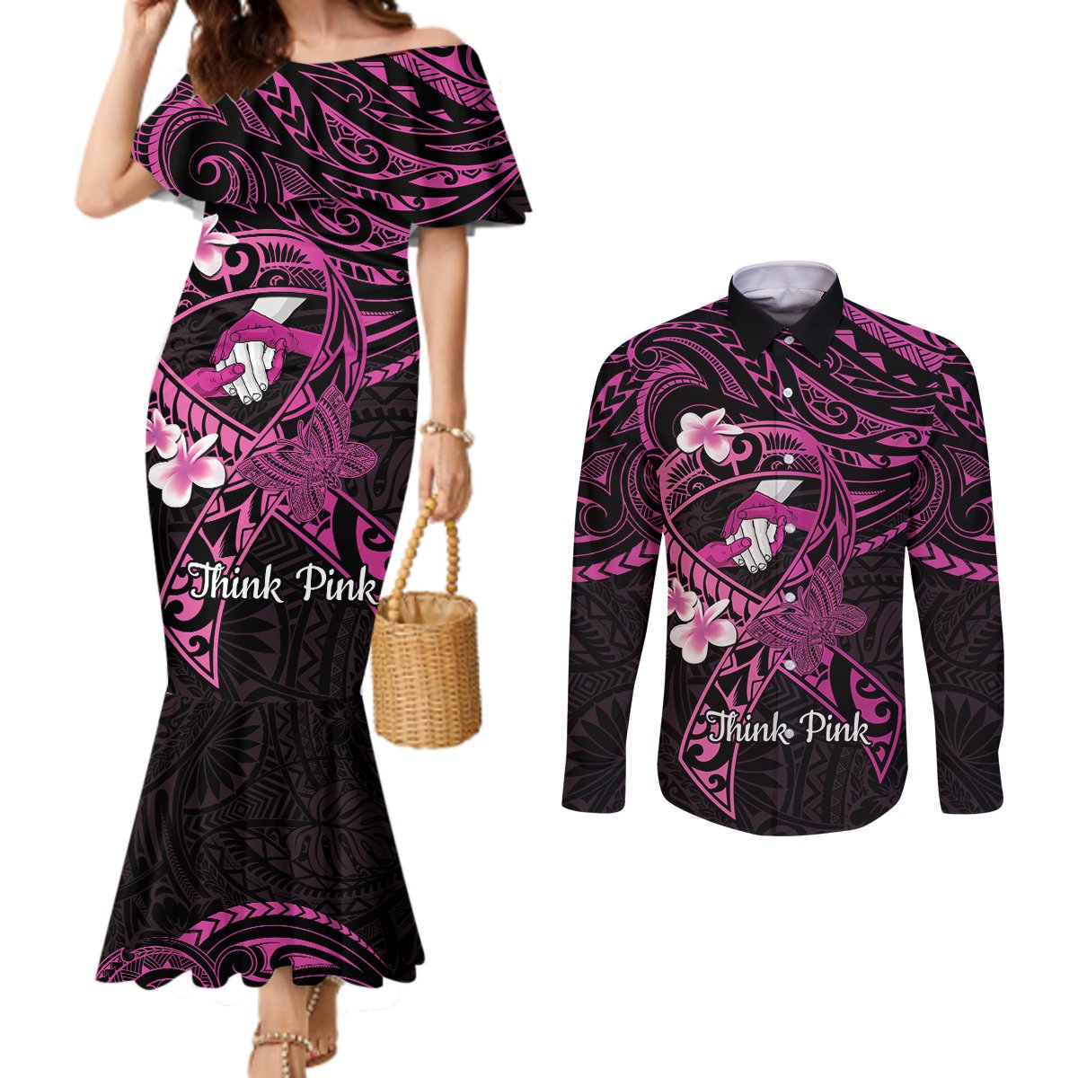 Polynesia Breast Cancer Awareness Couples Matching Mermaid Dress and Long Sleeve Button Shirt Pink Ribbon No One Fights Alone - Black LT14 Black - Polynesian Pride