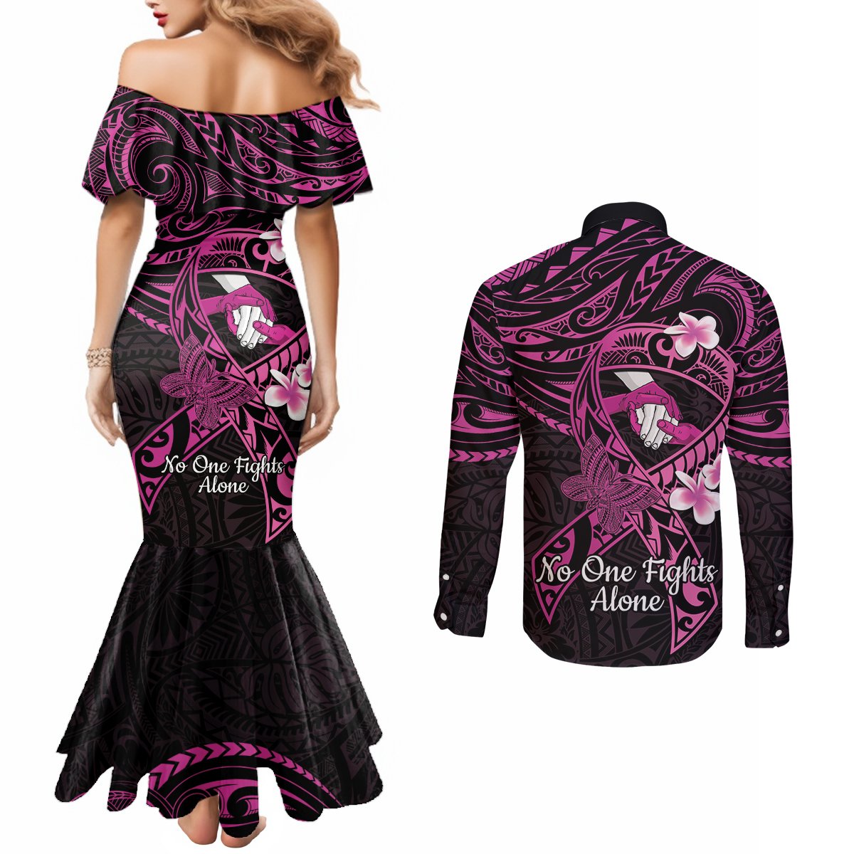Polynesia Breast Cancer Awareness Couples Matching Mermaid Dress and Long Sleeve Button Shirt Pink Ribbon No One Fights Alone - Black LT14 - Polynesian Pride