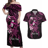Polynesia Breast Cancer Awareness Couples Matching Off Shoulder Maxi Dress and Hawaiian Shirt Pink Ribbon No One Fights Alone - Black LT14 Black - Polynesian Pride