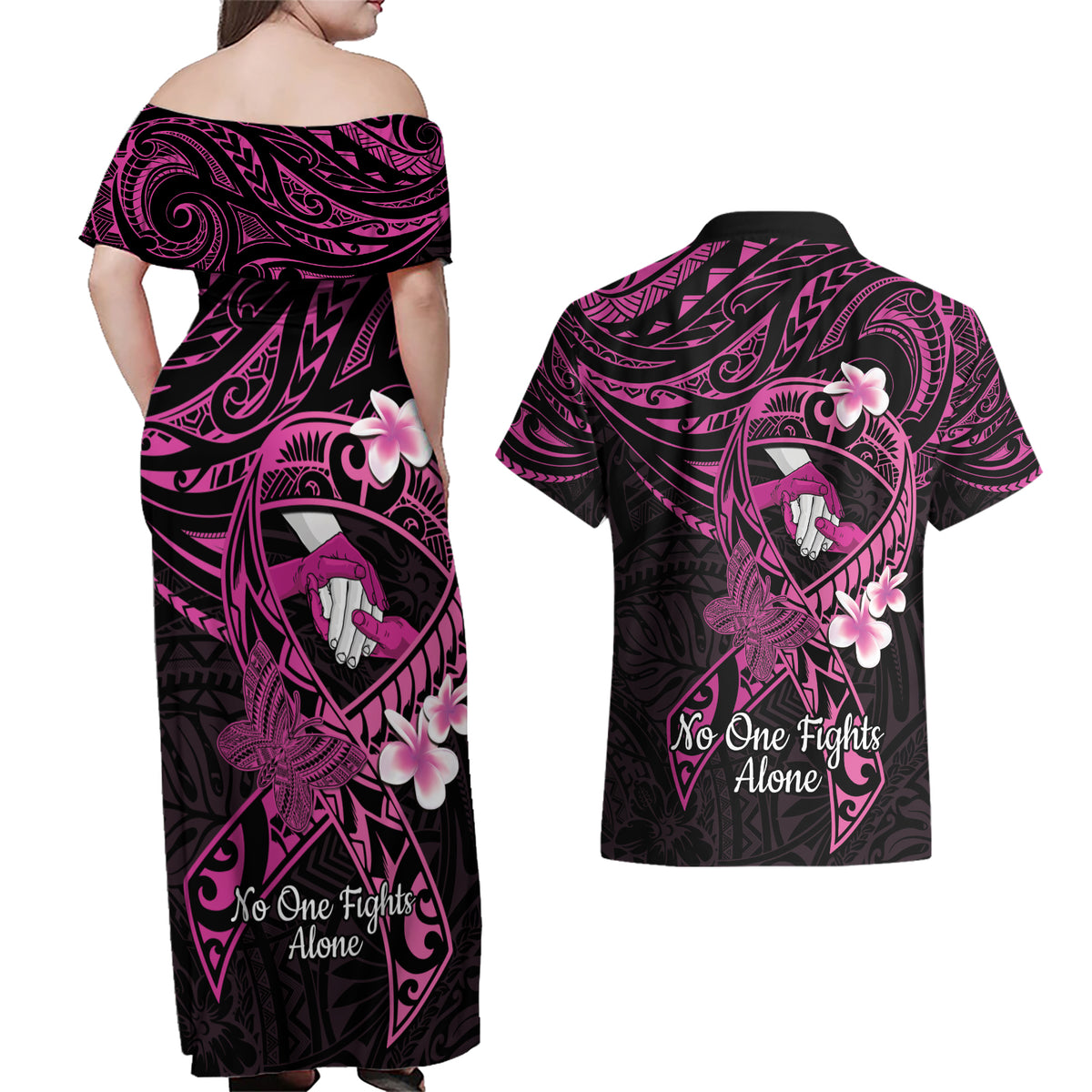 Polynesia Breast Cancer Awareness Couples Matching Off Shoulder Maxi Dress and Hawaiian Shirt Pink Ribbon No One Fights Alone - Black LT14 - Polynesian Pride