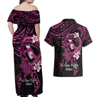 Polynesia Breast Cancer Awareness Couples Matching Off Shoulder Maxi Dress and Hawaiian Shirt Pink Ribbon No One Fights Alone - Black LT14 - Polynesian Pride