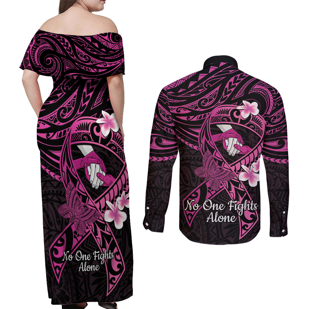 Polynesia Breast Cancer Awareness Couples Matching Off Shoulder Maxi Dress and Long Sleeve Button Shirt Pink Ribbon No One Fights Alone - Black LT14 - Polynesian Pride