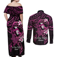 Polynesia Breast Cancer Awareness Couples Matching Off Shoulder Maxi Dress and Long Sleeve Button Shirt Pink Ribbon No One Fights Alone - Black LT14 - Polynesian Pride
