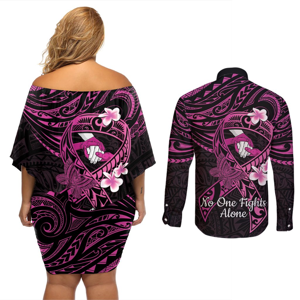Polynesia Breast Cancer Awareness Couples Matching Off Shoulder Short Dress and Long Sleeve Button Shirt Pink Ribbon No One Fights Alone - Black LT14 - Polynesian Pride