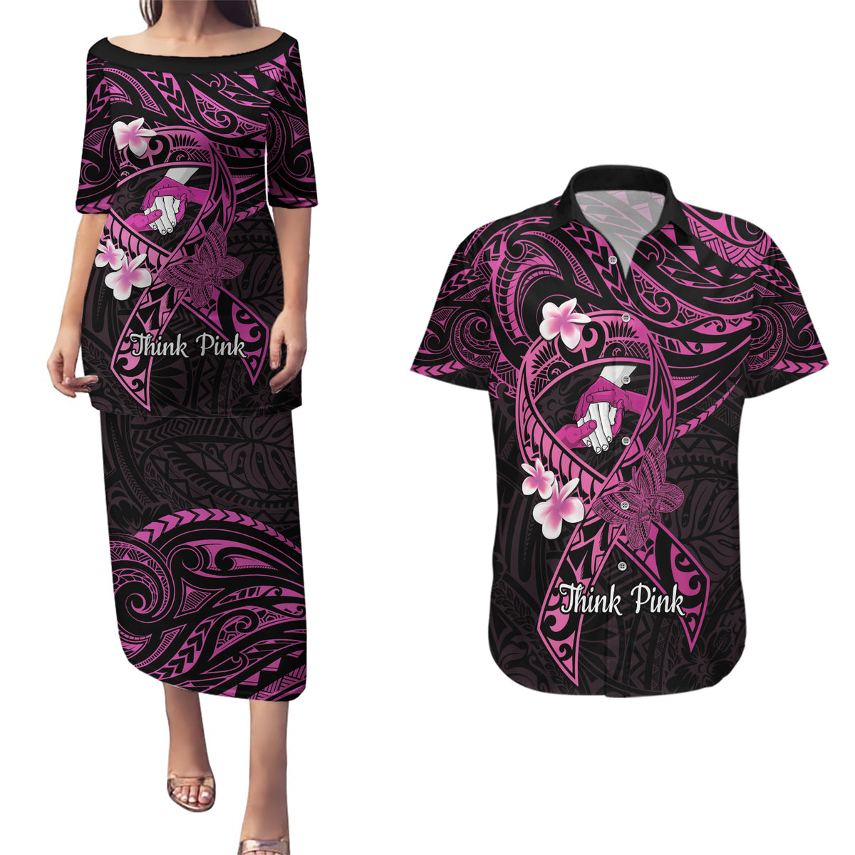 Polynesia Breast Cancer Awareness Couples Matching Puletasi and Hawaiian Shirt Pink Ribbon No One Fights Alone - Black LT14 Black - Polynesian Pride