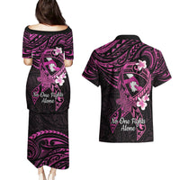 Polynesia Breast Cancer Awareness Couples Matching Puletasi and Hawaiian Shirt Pink Ribbon No One Fights Alone - Black LT14 - Polynesian Pride