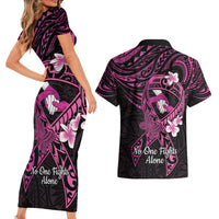 Polynesia Breast Cancer Awareness Couples Matching Short Sleeve Bodycon Dress and Hawaiian Shirt Pink Ribbon No One Fights Alone - Black LT14 - Polynesian Pride