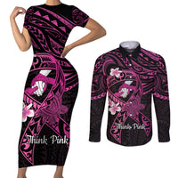 Polynesia Breast Cancer Awareness Couples Matching Short Sleeve Bodycon Dress and Long Sleeve Button Shirt Pink Ribbon No One Fights Alone - Black LT14 Black - Polynesian Pride