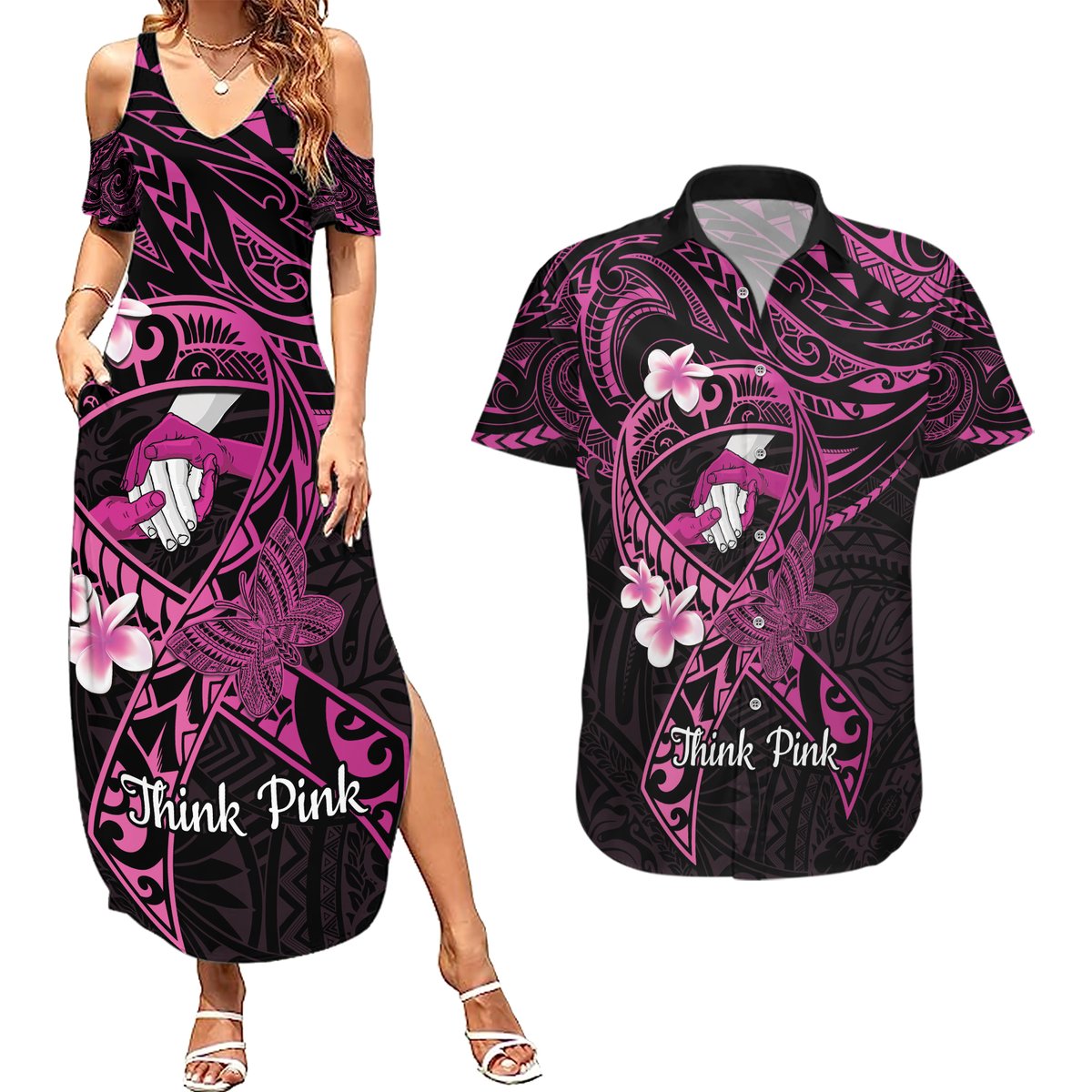 Polynesia Breast Cancer Awareness Couples Matching Summer Maxi Dress and Hawaiian Shirt Pink Ribbon No One Fights Alone - Black LT14 Black - Polynesian Pride