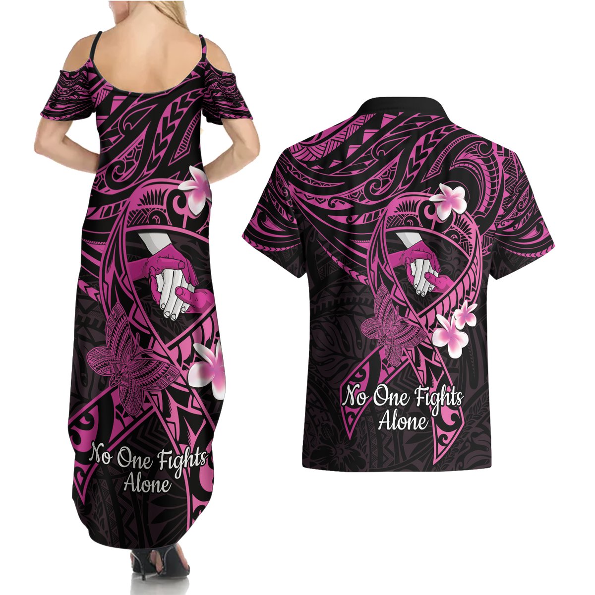 Polynesia Breast Cancer Awareness Couples Matching Summer Maxi Dress and Hawaiian Shirt Pink Ribbon No One Fights Alone - Black LT14 - Polynesian Pride