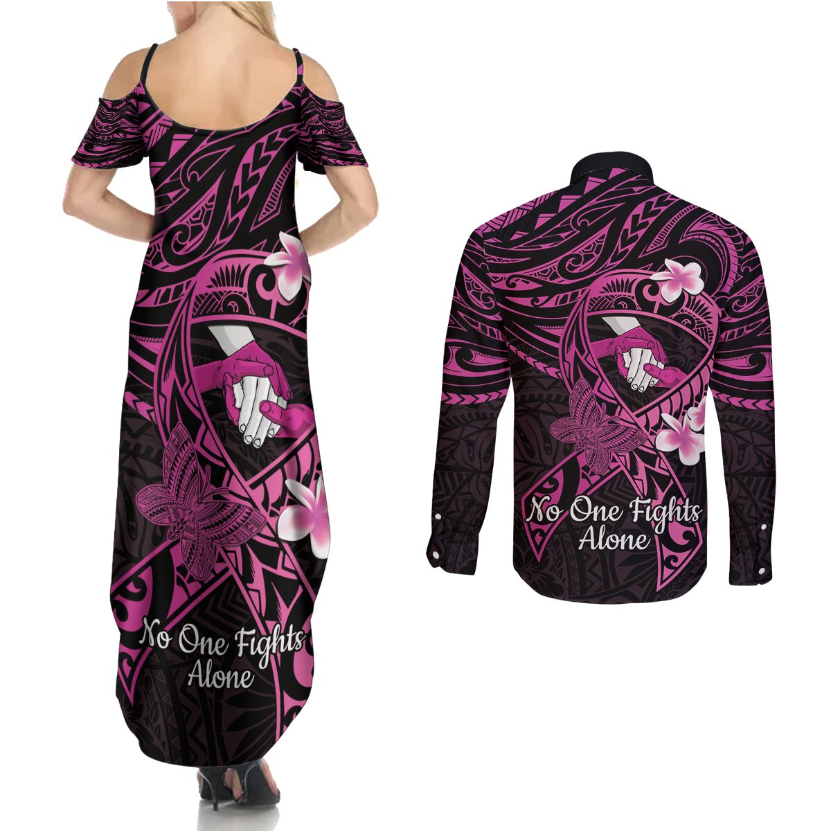 Polynesia Breast Cancer Awareness Couples Matching Summer Maxi Dress and Long Sleeve Button Shirt Pink Ribbon No One Fights Alone - Black LT14 - Polynesian Pride