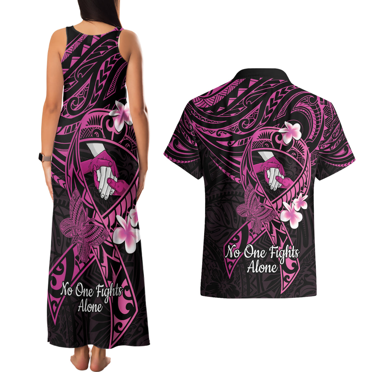 Polynesia Breast Cancer Awareness Couples Matching Tank Maxi Dress and Hawaiian Shirt Pink Ribbon No One Fights Alone - Black LT14 - Polynesian Pride
