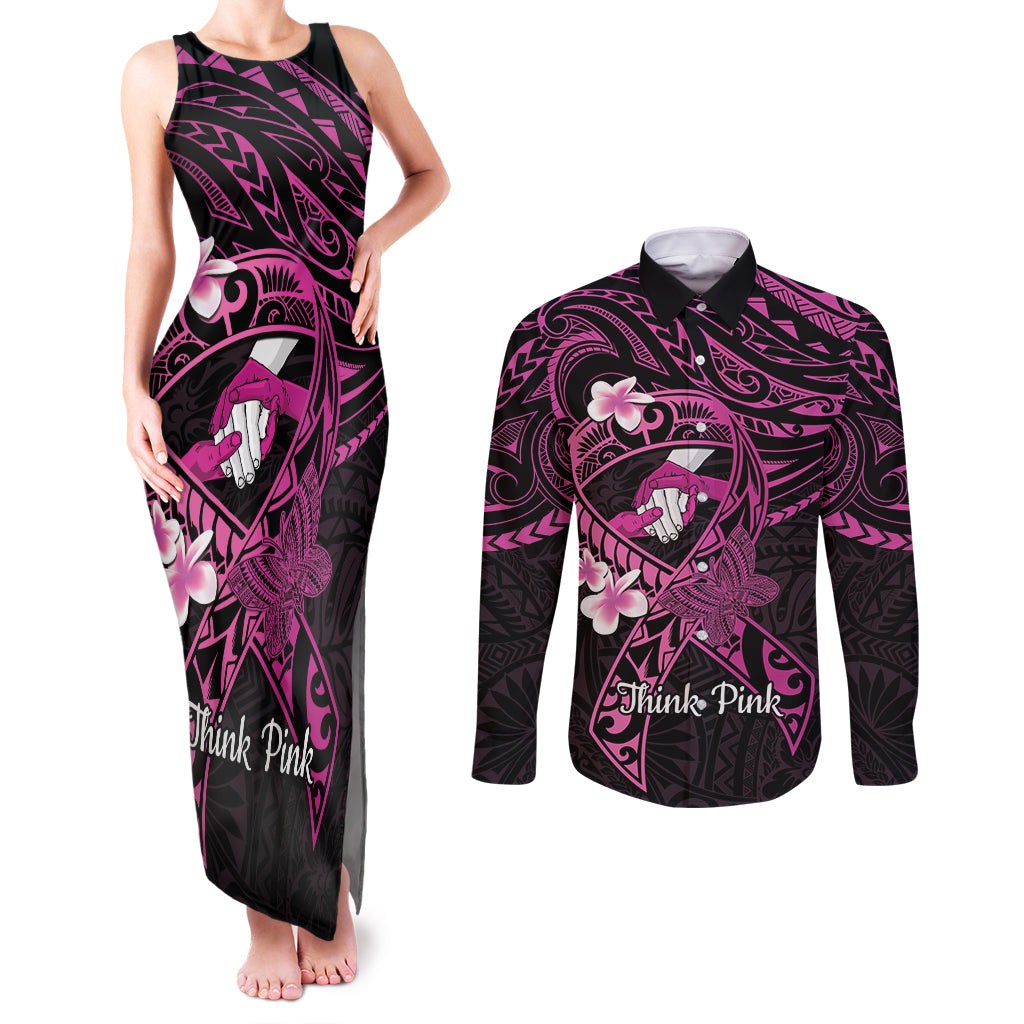 Polynesia Breast Cancer Awareness Couples Matching Tank Maxi Dress and Long Sleeve Button Shirt Pink Ribbon No One Fights Alone - Black LT14 Black - Polynesian Pride