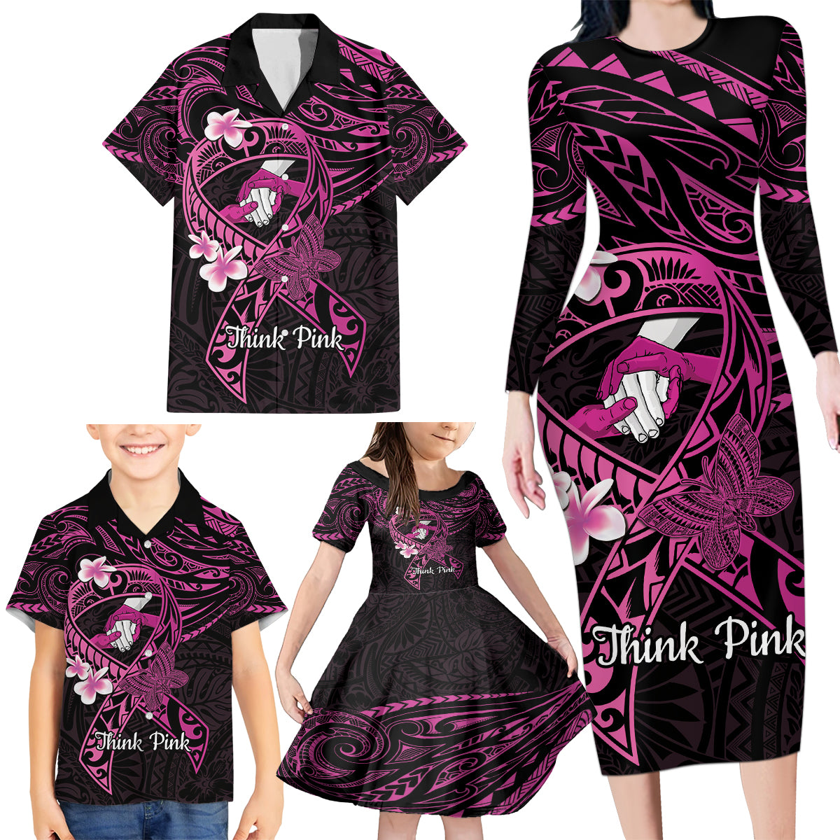 Polynesia Breast Cancer Awareness Family Matching Long Sleeve Bodycon Dress and Hawaiian Shirt Pink Ribbon No One Fights Alone - Black LT14 - Polynesian Pride