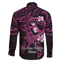 Polynesia Breast Cancer Awareness Family Matching Long Sleeve Bodycon Dress and Hawaiian Shirt Pink Ribbon No One Fights Alone - Black LT14 - Polynesian Pride
