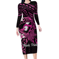 Polynesia Breast Cancer Awareness Family Matching Long Sleeve Bodycon Dress and Hawaiian Shirt Pink Ribbon No One Fights Alone - Black LT14 Mom's Dress Black - Polynesian Pride