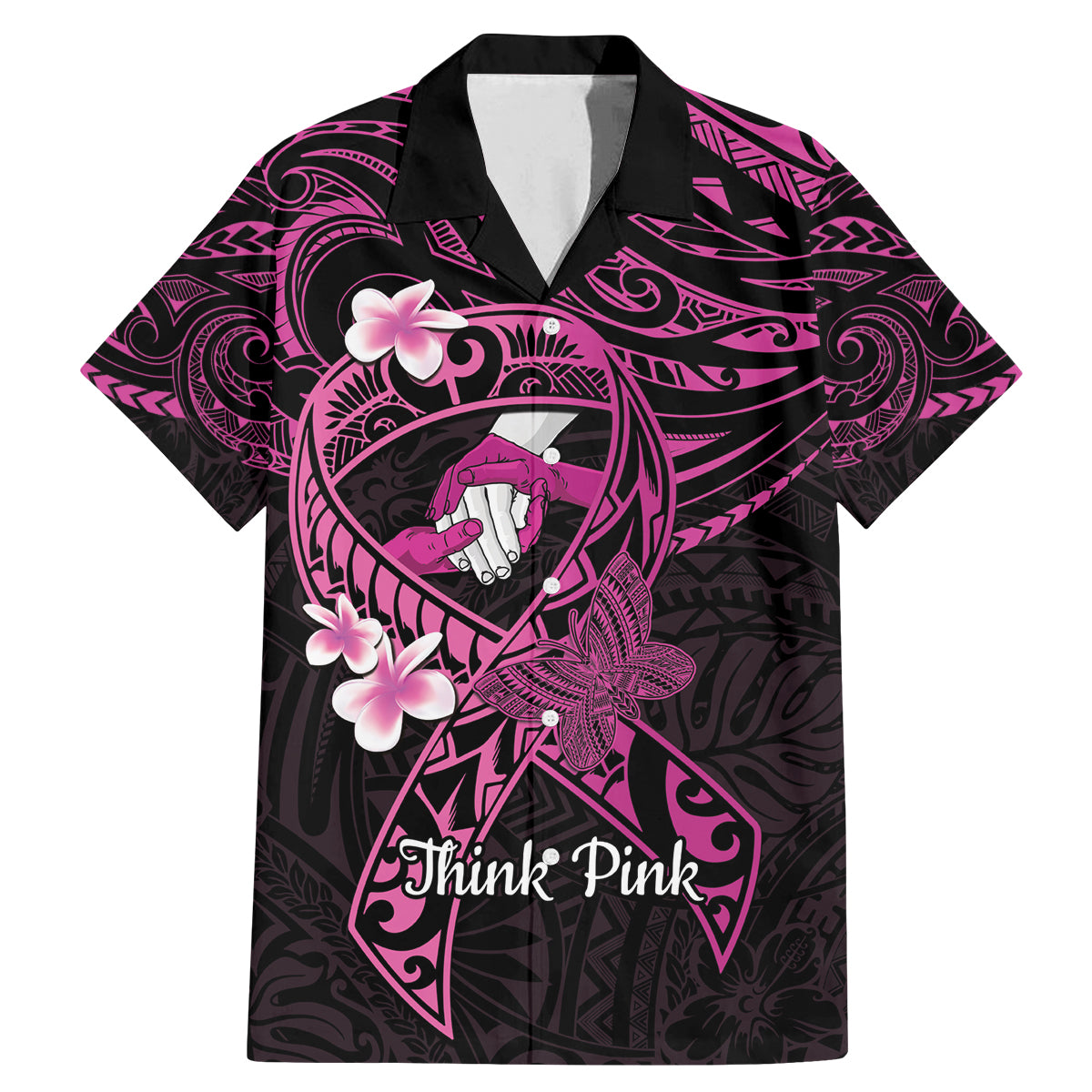 Polynesia Breast Cancer Awareness Family Matching Mermaid Dress and Hawaiian Shirt Pink Ribbon No One Fights Alone - Black LT14 Dad's Shirt - Short Sleeve Black - Polynesian Pride