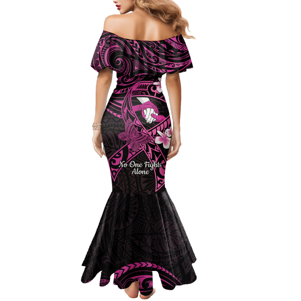 Polynesia Breast Cancer Awareness Family Matching Mermaid Dress and Hawaiian Shirt Pink Ribbon No One Fights Alone - Black LT14 - Polynesian Pride