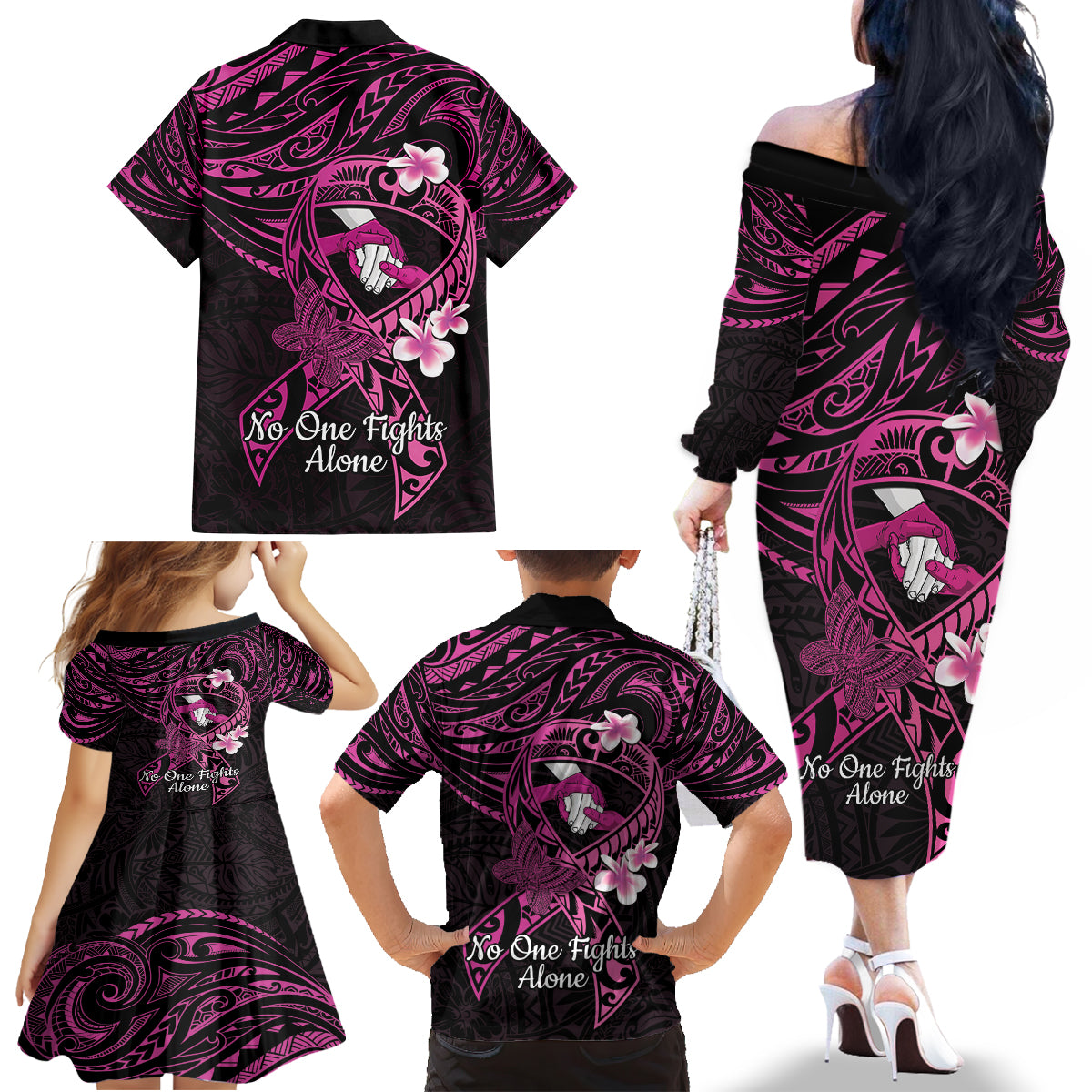 Polynesia Breast Cancer Awareness Family Matching Off The Shoulder Long Sleeve Dress and Hawaiian Shirt Pink Ribbon No One Fights Alone - Black LT14 - Polynesian Pride