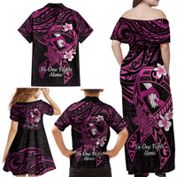 Polynesia Breast Cancer Awareness Family Matching Off Shoulder Maxi Dress and Hawaiian Shirt Pink Ribbon No One Fights Alone - Black LT14 - Polynesian Pride
