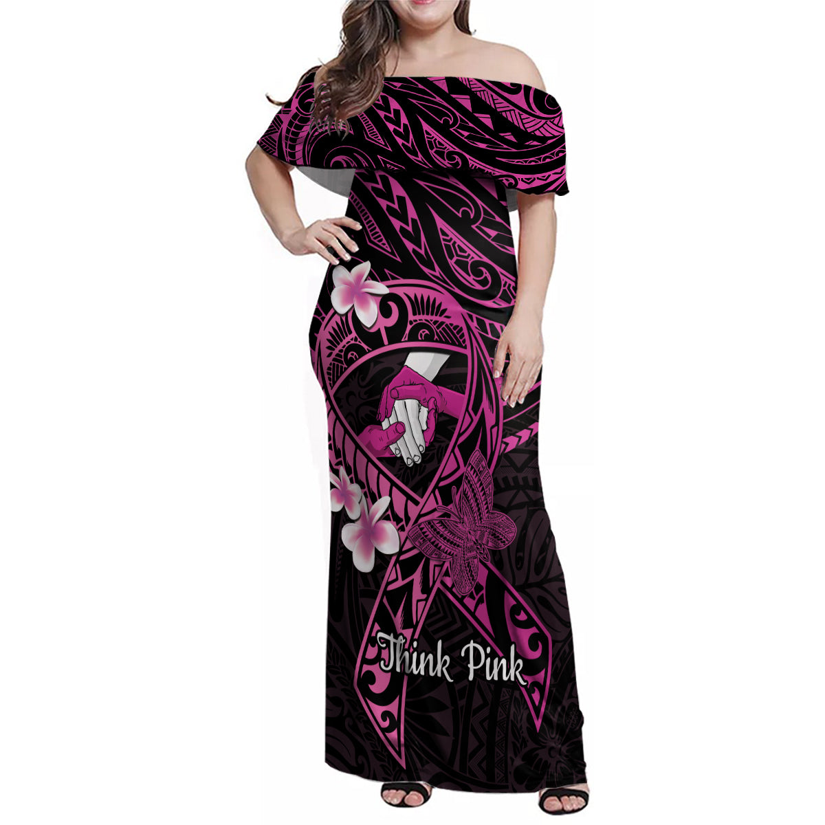 Polynesia Breast Cancer Awareness Family Matching Off Shoulder Maxi Dress and Hawaiian Shirt Pink Ribbon No One Fights Alone - Black LT14 Mom's Dress Black - Polynesian Pride