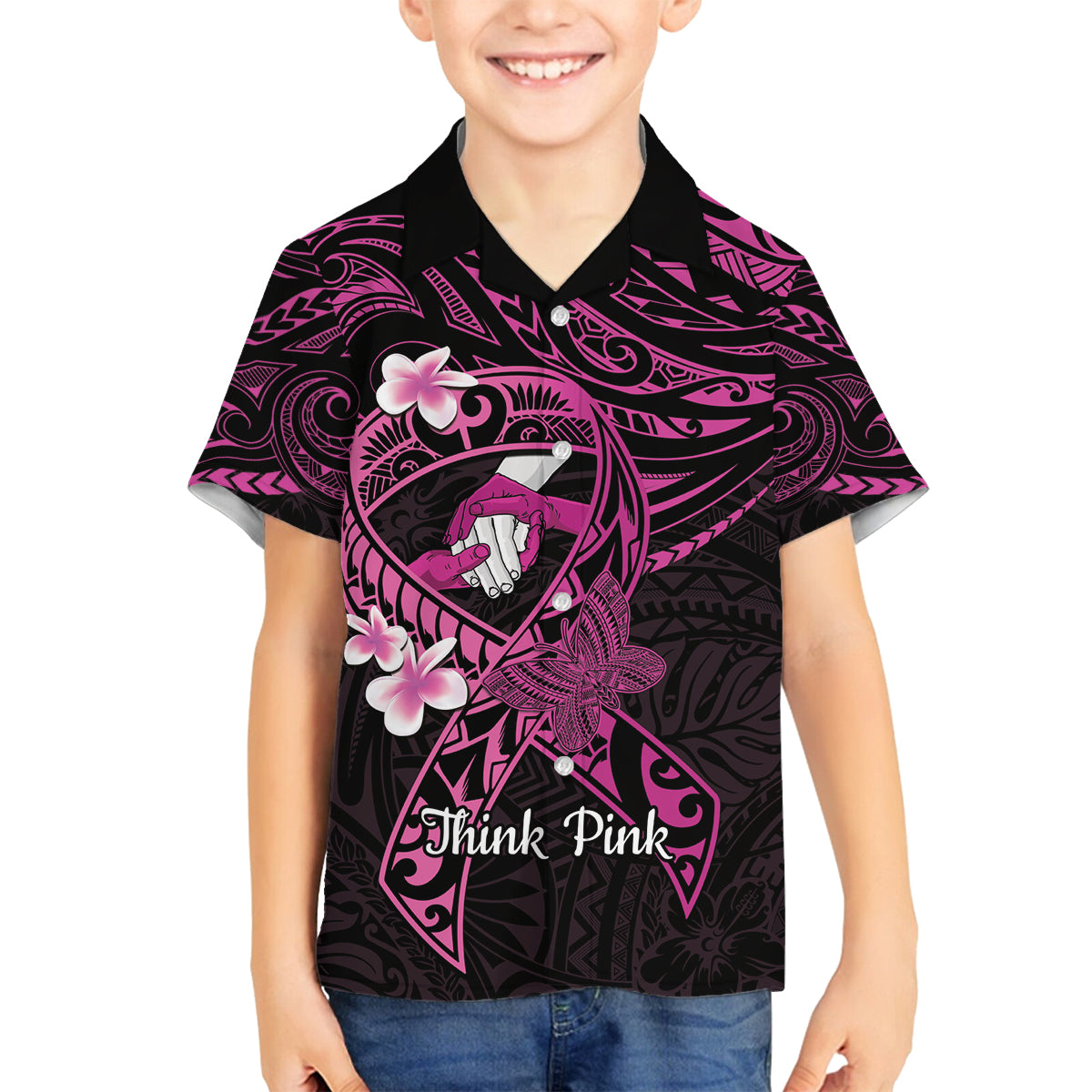 Polynesia Breast Cancer Awareness Family Matching Off Shoulder Maxi Dress and Hawaiian Shirt Pink Ribbon No One Fights Alone - Black LT14 Son's Shirt Black - Polynesian Pride