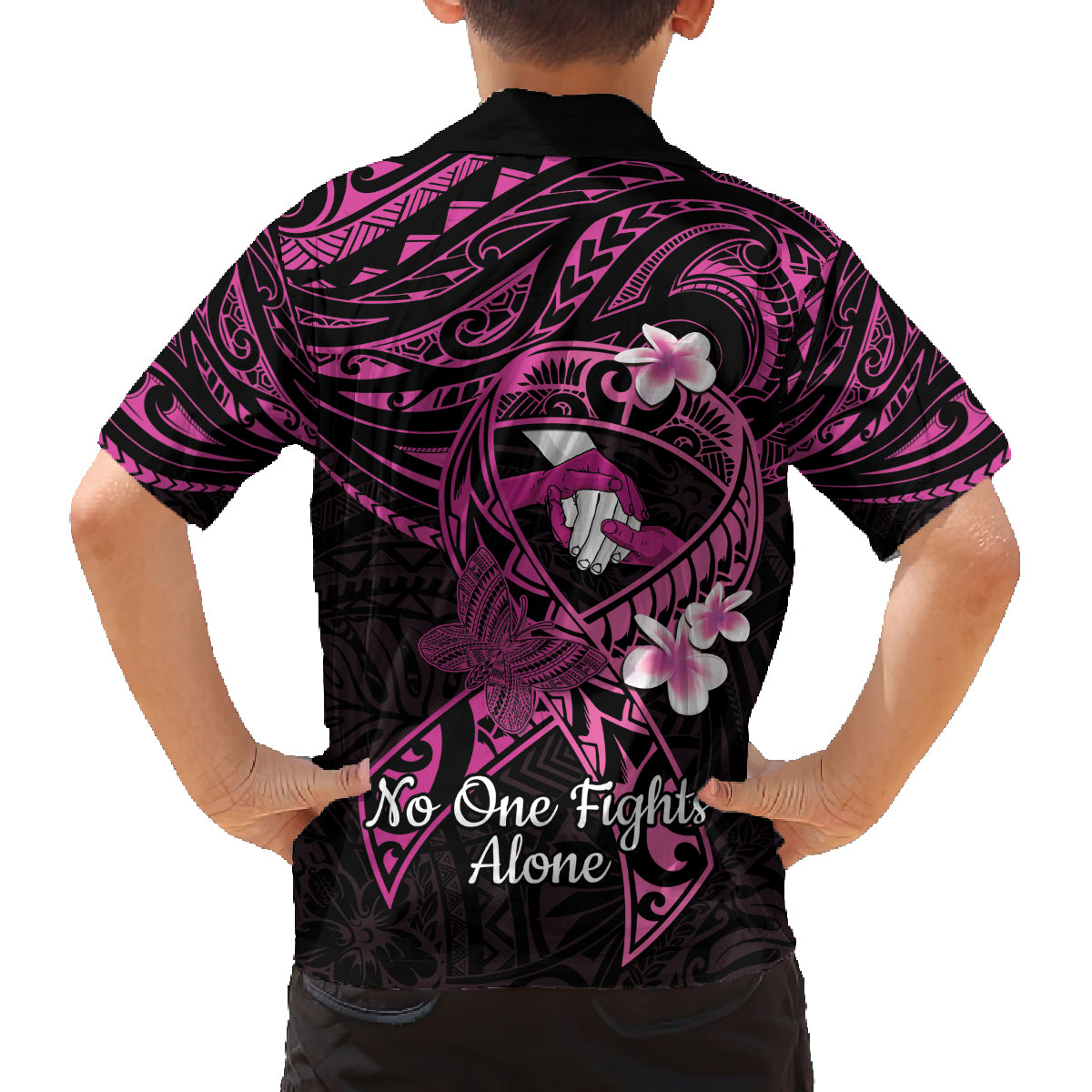 Polynesia Breast Cancer Awareness Family Matching Off Shoulder Short Dress and Hawaiian Shirt Pink Ribbon No One Fights Alone - Black LT14 - Polynesian Pride